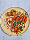 Baharat Roasted Carrots, Carrot and Coriander Falafel, Hummus