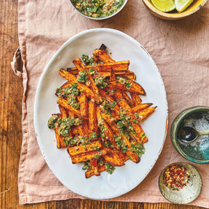 Chimichurri-loaded sweet potato fries | @rebelrecipes