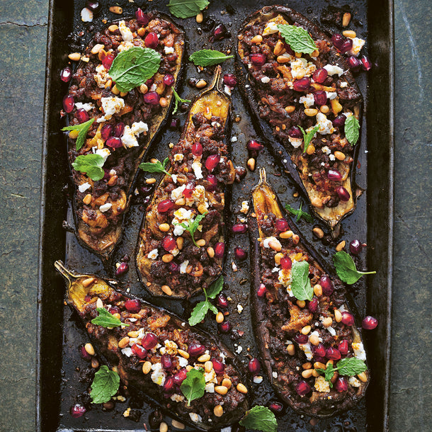 Lamb-stuffed Aubergines with Feta and Pomegranate