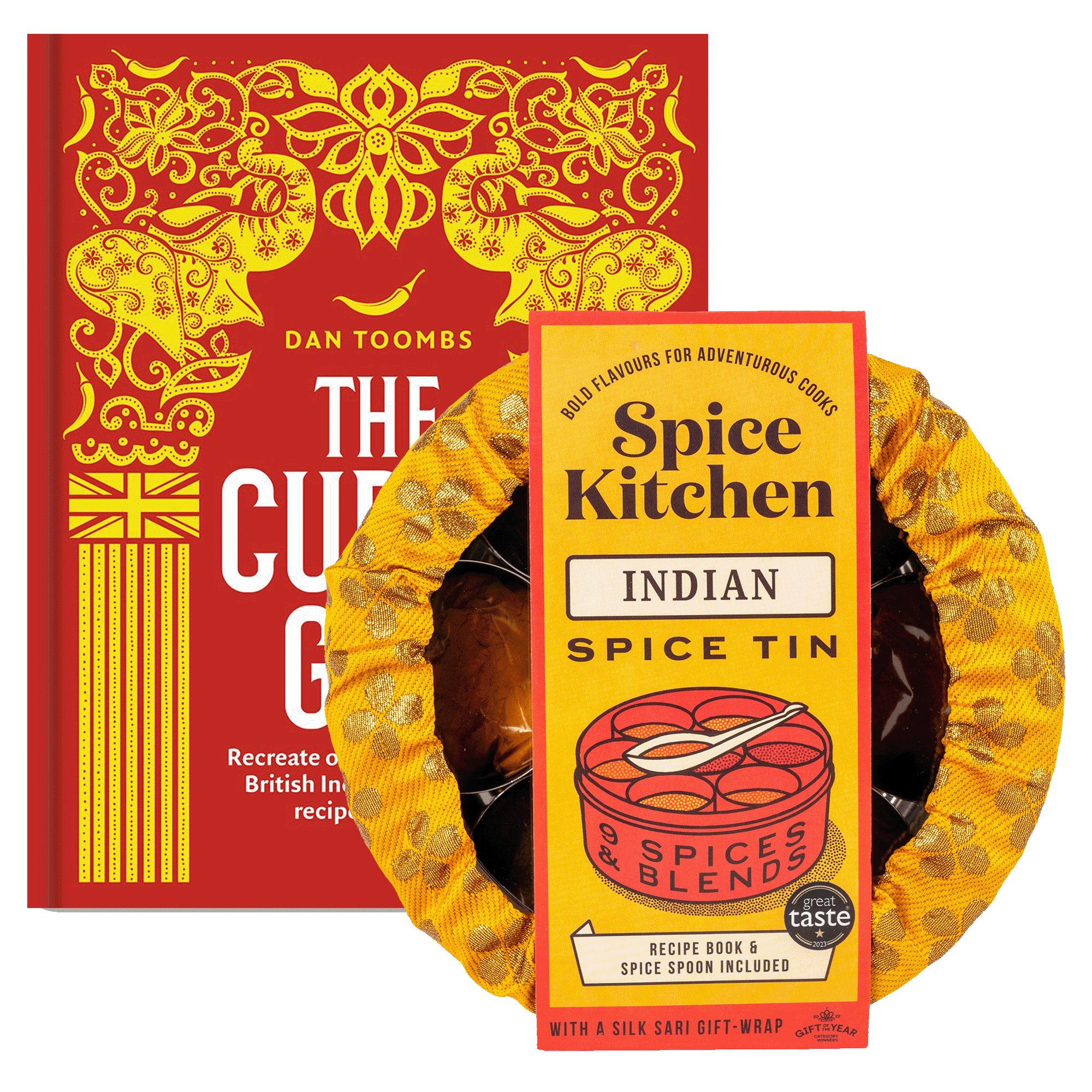 The Curry Guy Cook Book with Great Taste Award 2023 Indian Spice Tin with Handmade Silk Sari Wrap - Spice Kitchen