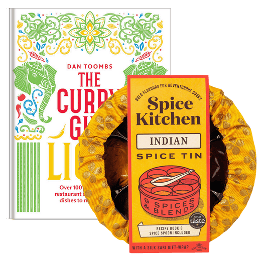 The Curry Guy Cook Book with Great Taste Award 2023 Indian Spice Tin with Handmade Silk Sari Wrap - Spice Kitchen