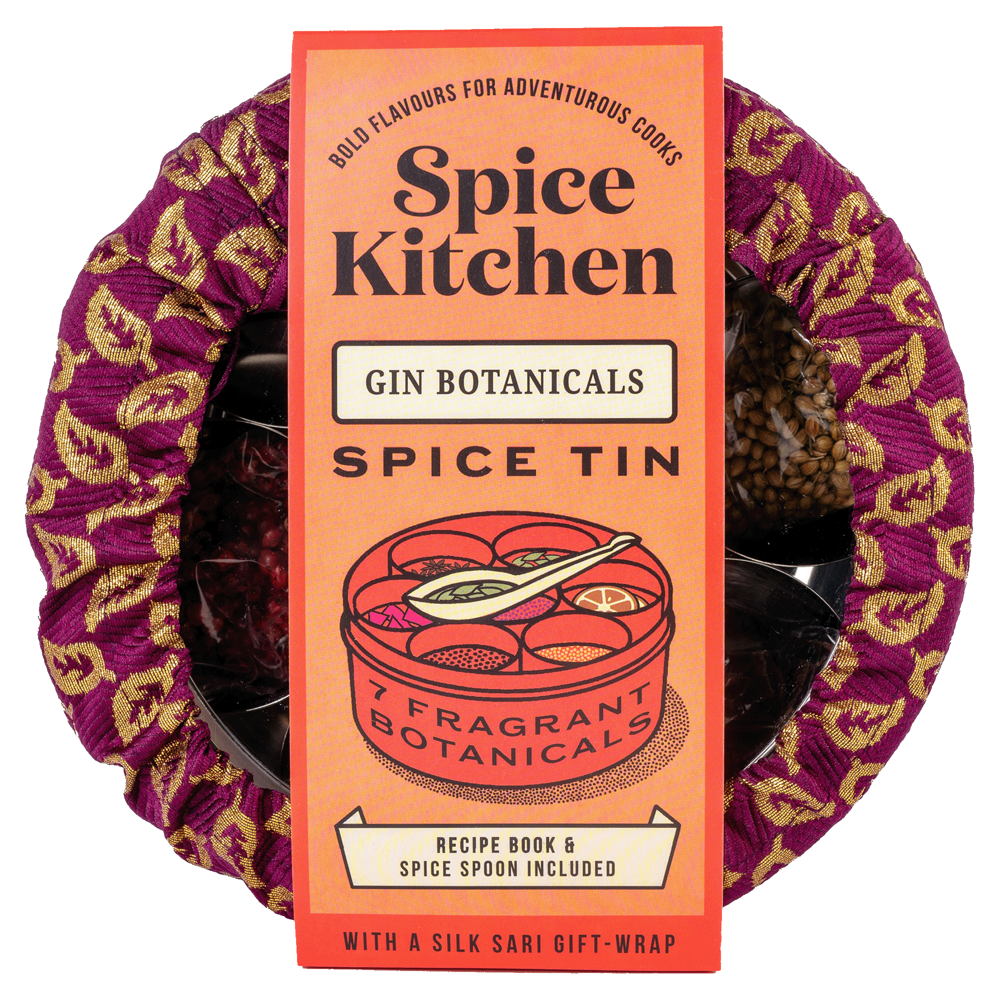 Gin Botanicals Tin with 7 Botanicals & Handmade Silk Sari Wrap - Spice Kitchen™ - Spices, Spice Blends, Gifts & Cookware