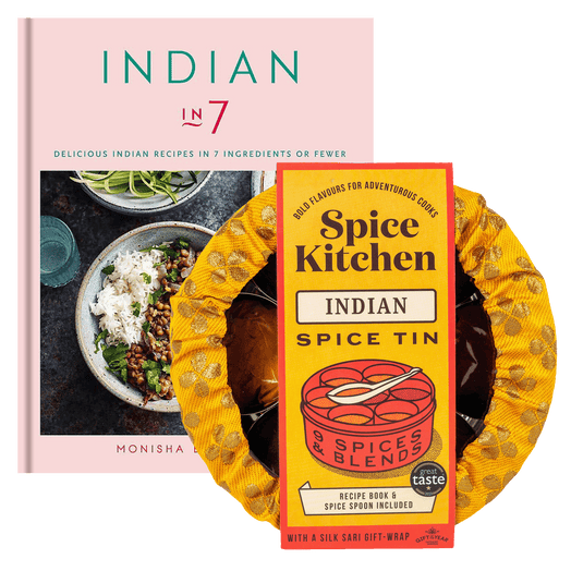 Signed Cookbook 'Indian in 7' by Monisha Bharadwaj & Spice Tin, 9 Spices & Handmade Silk Sari Wrap - Spice Kitchen™ - Spices, Spice Blends, Gifts & Cookware