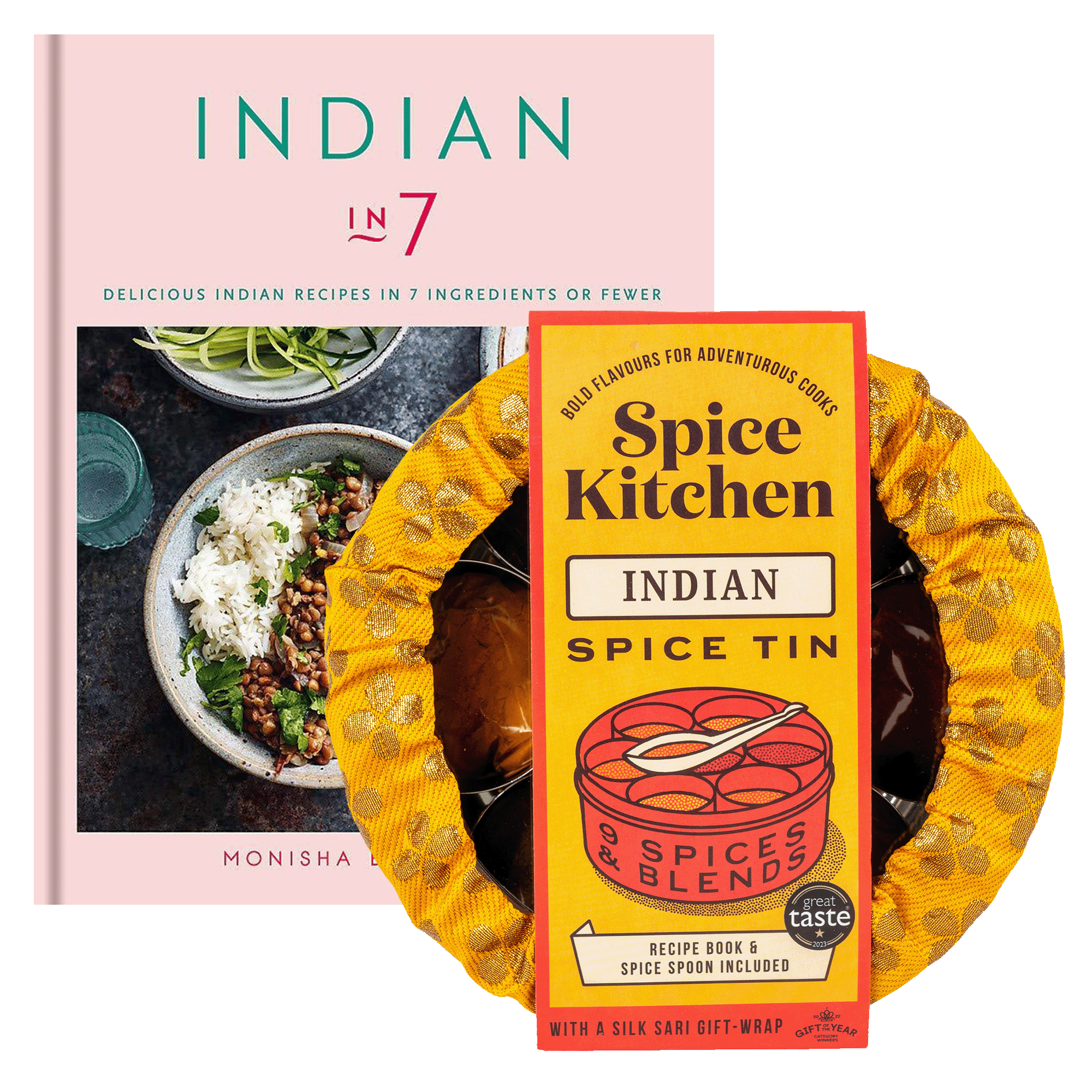 Signed Cookbook 'Indian in 7' by Monisha Bharadwaj & Spice Tin, 9 Spices & Handmade Silk Sari Wrap - Spice Kitchen™ - Spices, Spice Blends, Gifts & Cookware