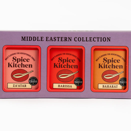 Spice Kitchen Middle Eastern Blend Trio, including Great Taste award-winning Baharat, Za’atar, and fiery Harissa. Gifting, Cookware, Spice Blends.