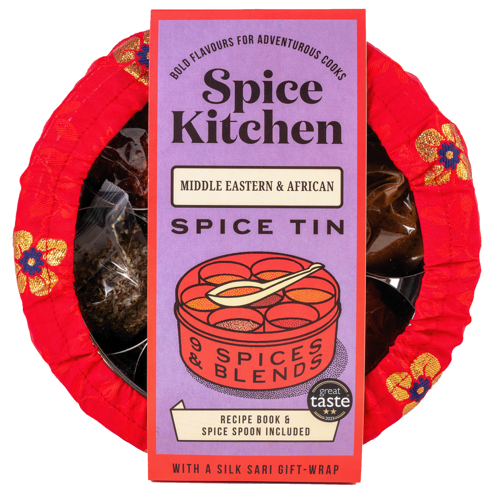 African & Middle Eastern Spice Tin with 9 Spices & Handmade Silk Sari Wrap - Spice Kitchen™ - Spices, Spice Blends, Gifts & Cookware