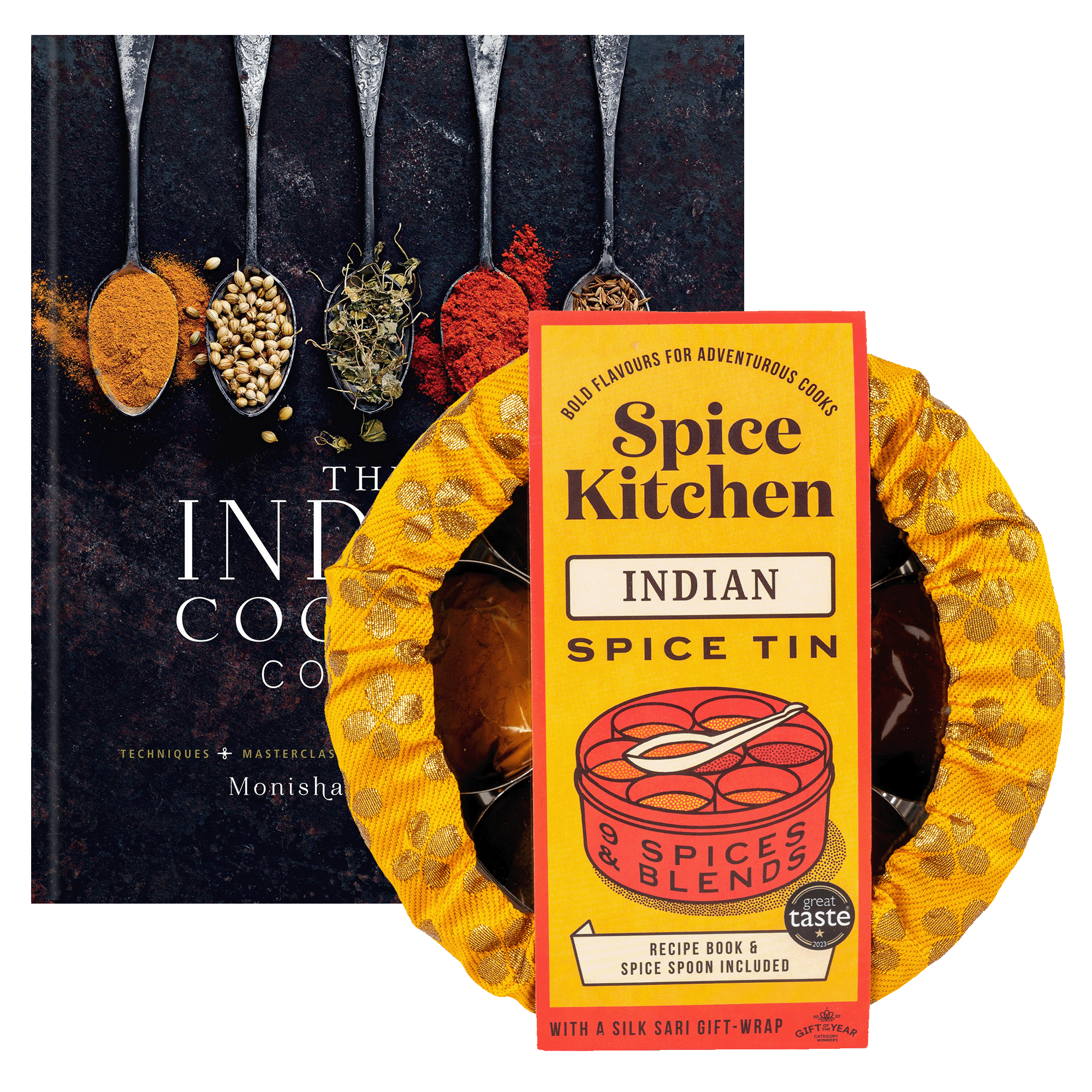 Monisha Bharadwaj 'The Indian Cookery Course ' Signed Copy & Spice Tin, 9 Spices & Handmade Silk Sari Wrap - Spice Kitchen™ - Spices, Spice Blends, Gifts & Cookware