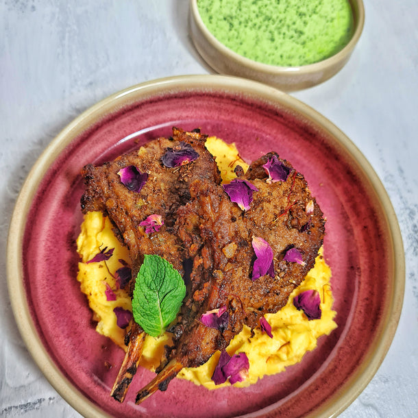 Gunpowder Masala Lamb Chops, Saffron Mash, Mint & Coriander Chutney