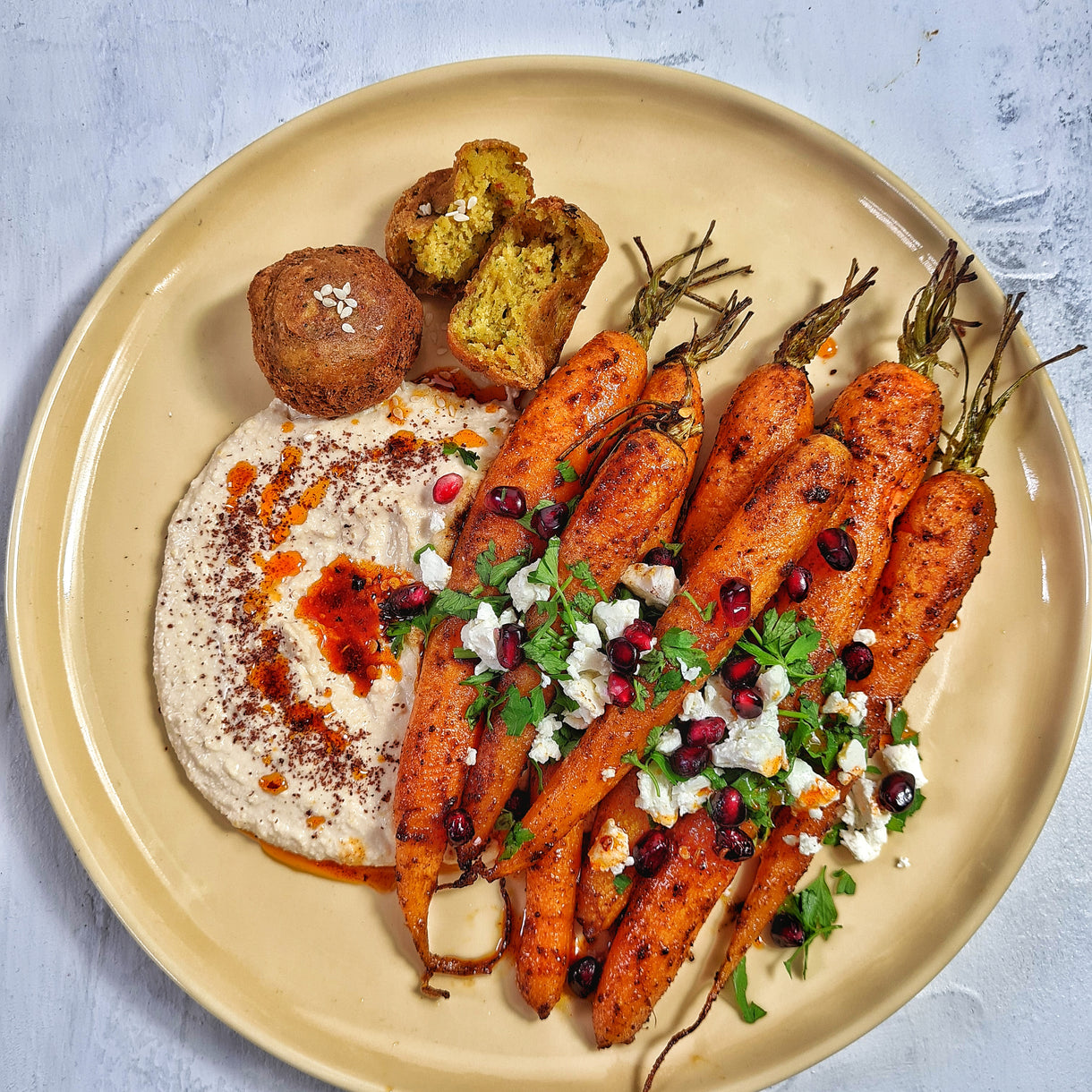 Baharat Roasted Carrots, Carrot and Coriander Falafel, Hummus Spice