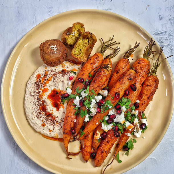 Baharat Roasted Carrots, Carrot and Coriander Falafel, Hummus