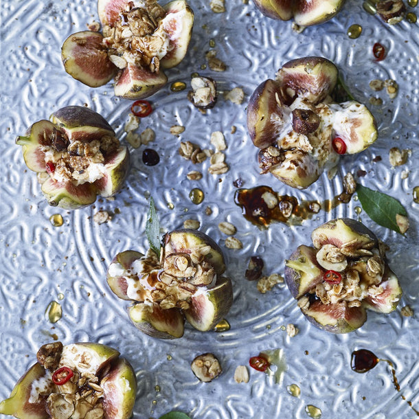 Figs with hazelnut crumble and spiced sizzling yoghurt bu Mira Manek