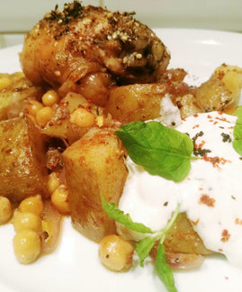 Zaatar Chicken with Harissa Chickpea and Potato Tray Bake by Zosima Fulwell
