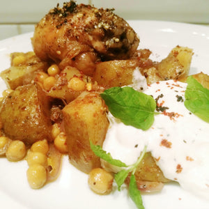 Za'atar Chicken with Harissa Chickpea and Potato Tray Bake served with greek yoghurt and freshly chopped mint