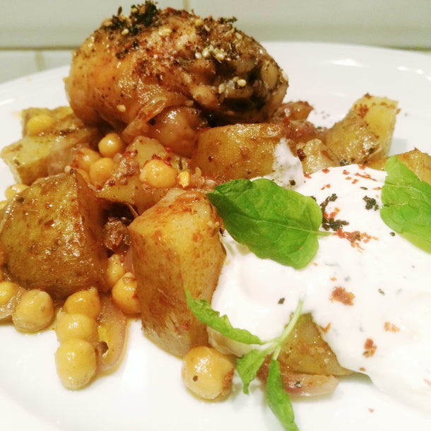 Za'atar Chicken with Harissa Chickpea and Potato Tray Bake served with greek yoghurt and freshly chopped mint