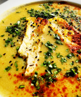 Harissa Spiced Lentil Soup with Aleppo Pepper Halloumi