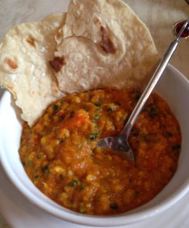 Thick Spiced Moroccan Soup (Sunshine soup) with Garlic Flatbreads
