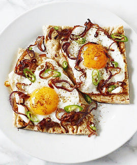 Masala Fried Eggs: With Crisply Fried Onions, Sliced Green Chillis & Garam Masala on Fluffy Hot Naan
