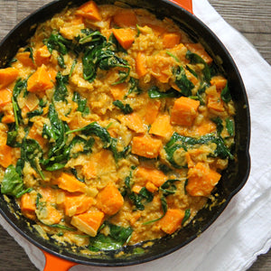 Hearty spinach dhal with tender sweet potatoes