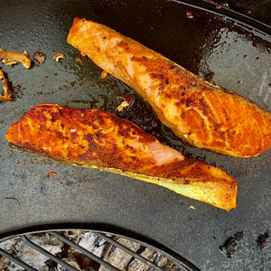 BBQ Sri Lankan salmon with grilled salmon fillet coated in a spiced barbecue glaze and lightly charred edges.