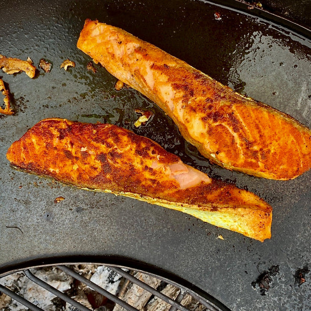 BBQ Sri Lankan salmon with grilled salmon fillet coated in a spiced barbecue glaze and lightly charred edges.