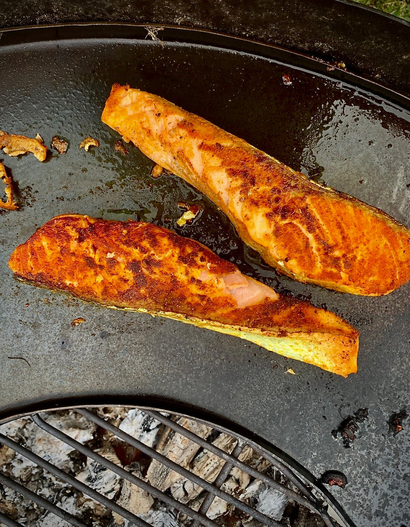 BBQ Sri Lankan salmon with grilled salmon fillet coated in a spiced barbecue glaze and lightly charred edges.