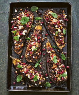 Lamb-stuffed Aubergines with Feta and Pomegranate