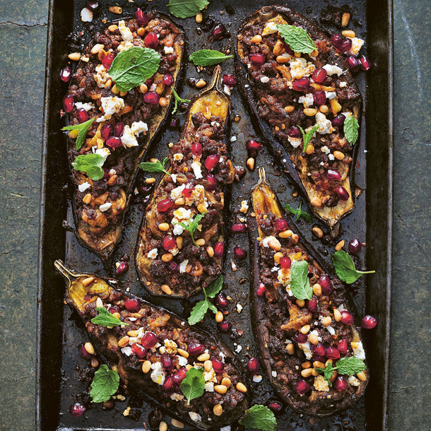 5 Lamb-stuffed Aubergines with Feta and Pomegranate