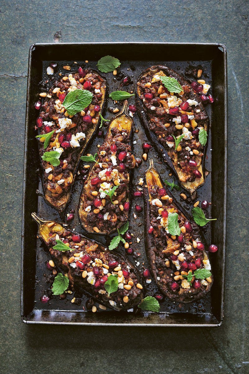 5 Lamb-stuffed Aubergines with Feta and Pomegranate