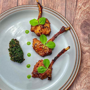 Masala Lamb Cutlets with Mint and Black Garlic Chutney and Coriander Oil
