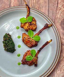 Masala Lamb Cutlets with Mint and Black Garlic Chutney and Coriander Oil