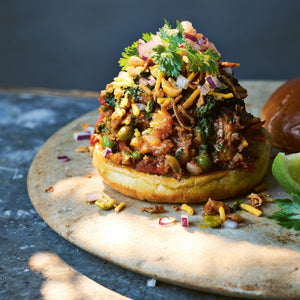Street-style Sweet potato pav bhaji served with buttered bread rolls