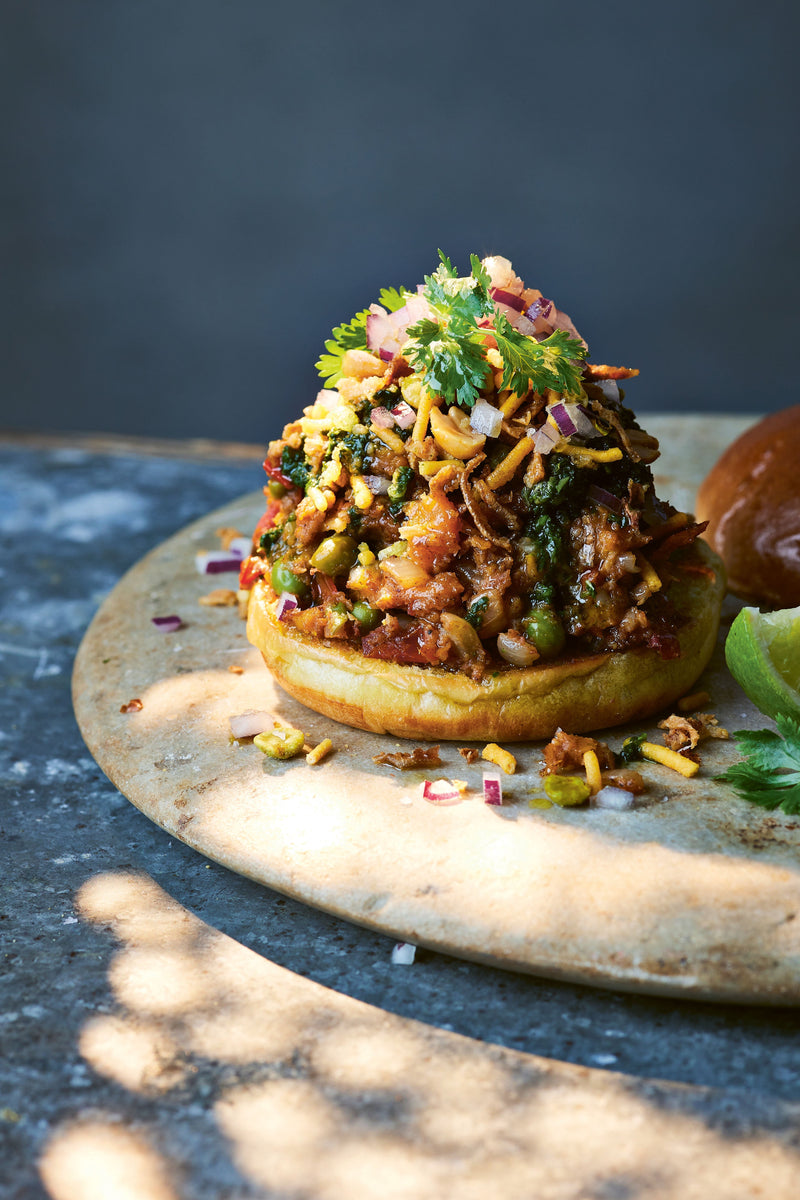 Street-style Sweet potato pav bhaji served with buttered bread rolls