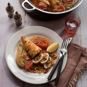 Tender braised squid in rich spiced tomato sauce