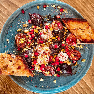 Sticky Grilled Figs with Honey Whipped Goats Cheese and Aleppo Pepper