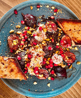 Sticky Grilled Figs with Honey Whipped Goats Cheese and Aleppo Pepper
