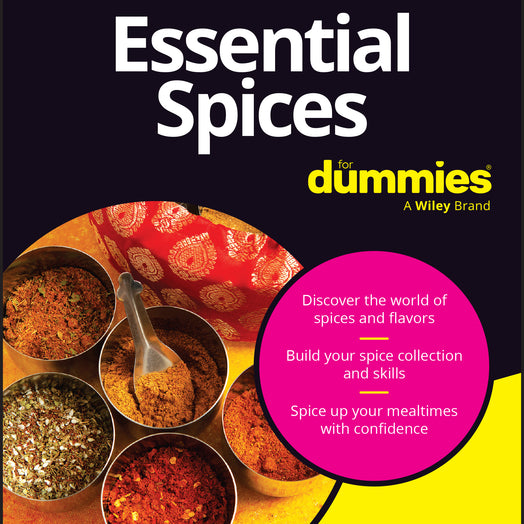 Book cover of 'Essential Spices for Dummies' with spices and a pink and yellow design.