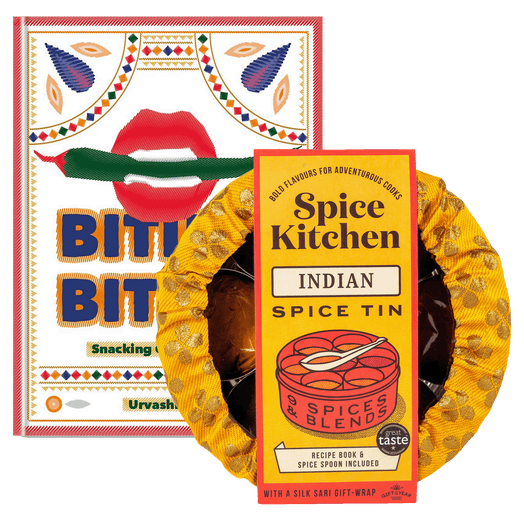 A picture of Urvashi Roe’s Biting Biting Cookery Book with Spice Kitchen’s Indian Spice Tin