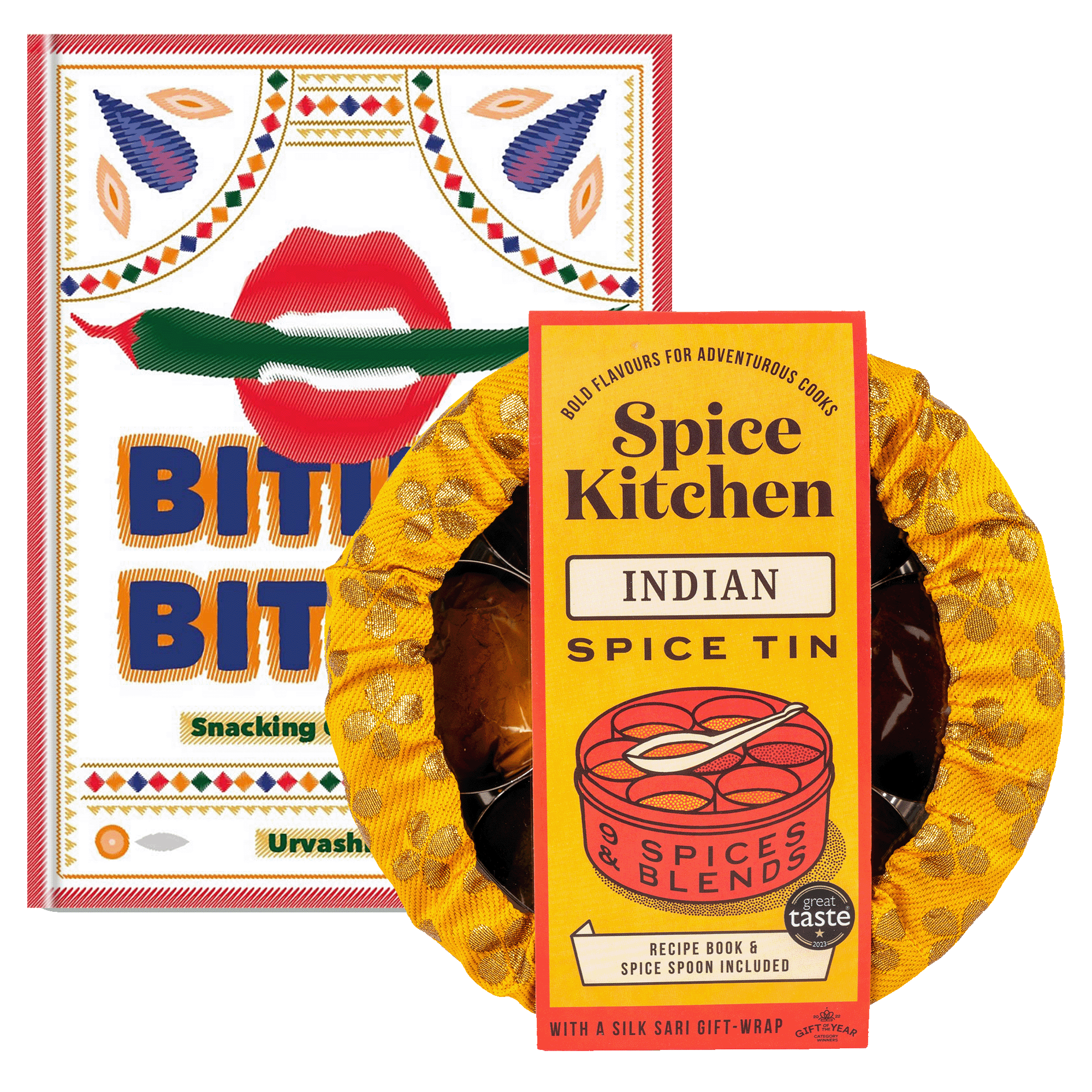 A picture of Urvashi Roe’s Biting Biting Cookery Book with Spice Kitchen’s Indian Spice Tin