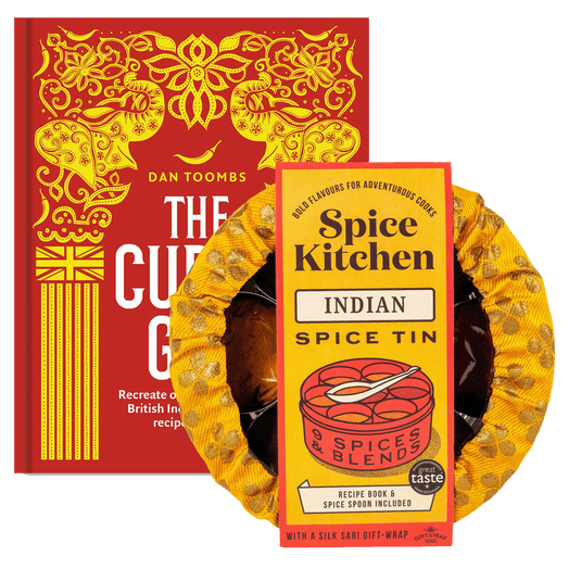 The Curry Guy Cook Book with Great Taste Award 2023 Indian Spice Tin with Handmade Silk Sari Wrap - Spice Kitchen