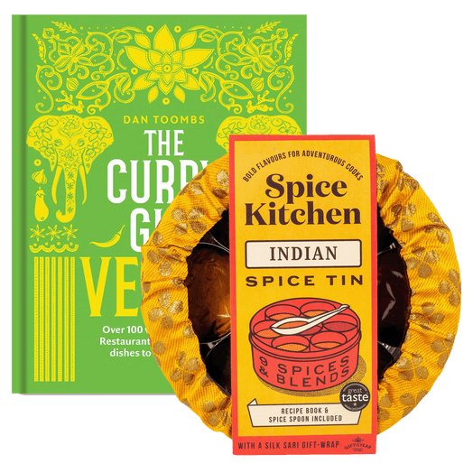 The Curry Guy Cook Book with Great Taste Award 2023 Indian Spice Tin with Handmade Silk Sari Wrap - Spice Kitchen