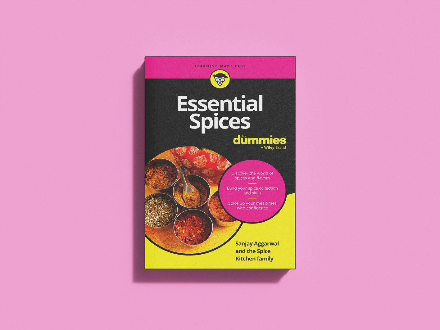 Sanjay's new book, titled 'Essential Spices for Dummies' on a pink background