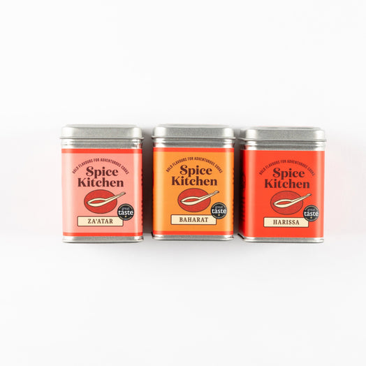 Spice Kitchen Middle Eastern Blend Trio, including Great Taste award-winning Baharat, Za’atar, and fiery Harissa. Gifting, Cookware, Spice Blends.