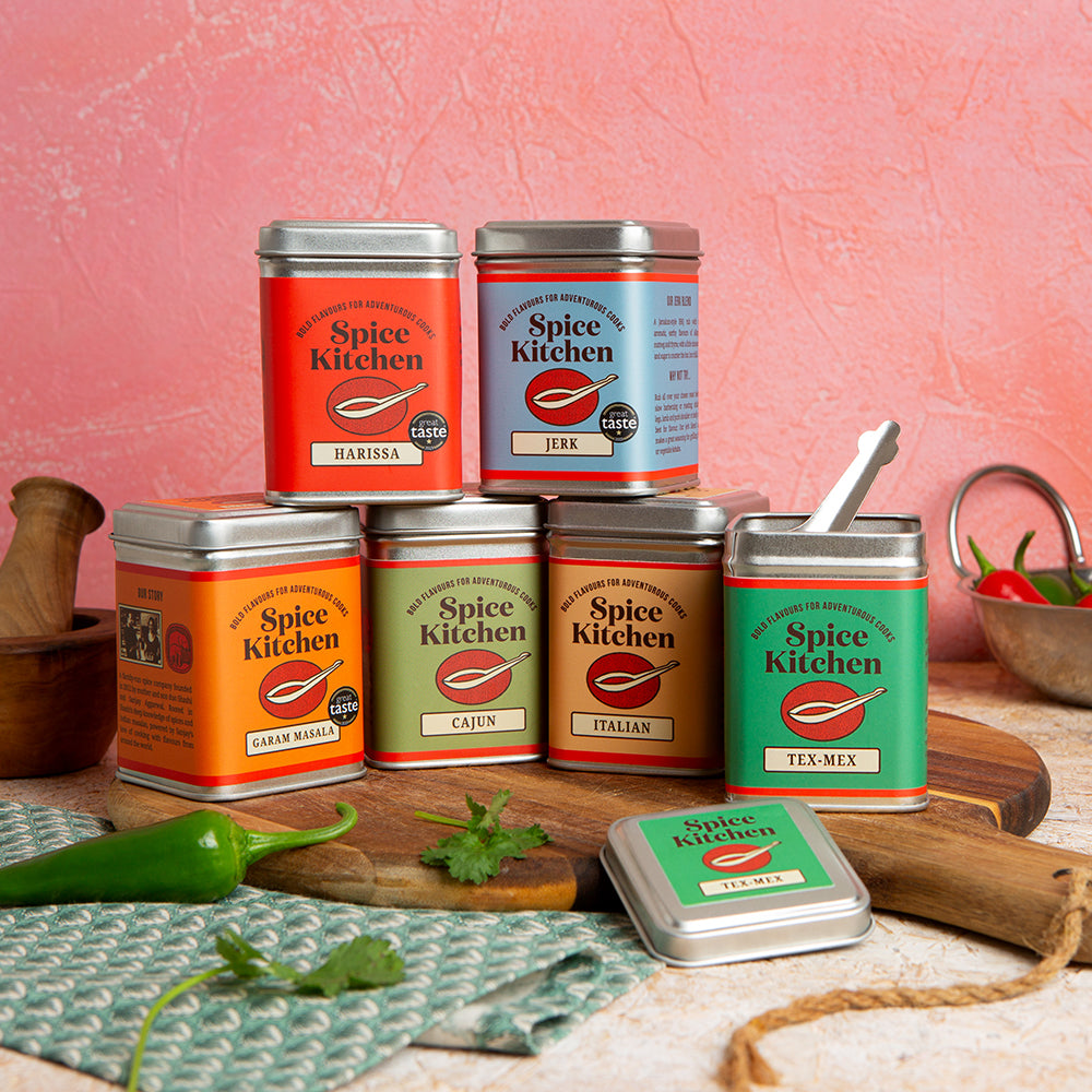 Spice Kitchen's starter 'Build your spice blend collection' pack of 6 spice blends, including Italian, Tex Mex, Jerk, Harissa , Garam Masala and Cajun 