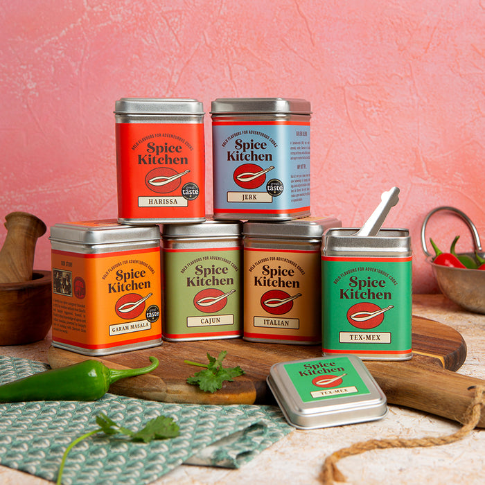 Spice Kitchen's starter 'Build your spice blend collection' pack of 6 spice blends, including Italian, Tex Mex, Jerk, Harissa , Garam Masala and Cajun 