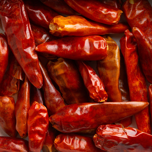 Close-up of Spice Kitchen's dried red whole chili peppers