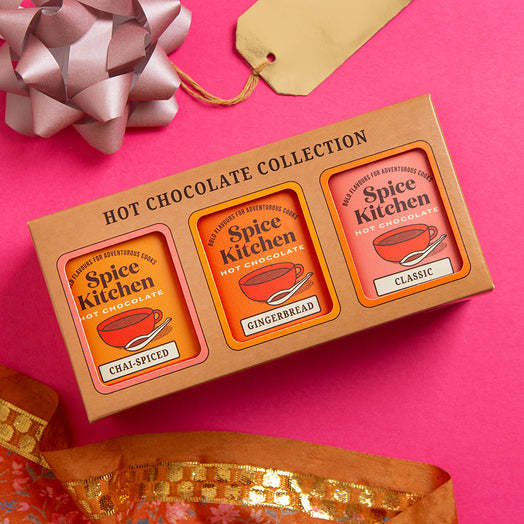 Spice Kitchen Hot Chocolate Collection featuring Classic, Great Taste Award-Winning Chai and Gingerbread flavours – rich, spiced hot chocolate blends perfect for cozy moments