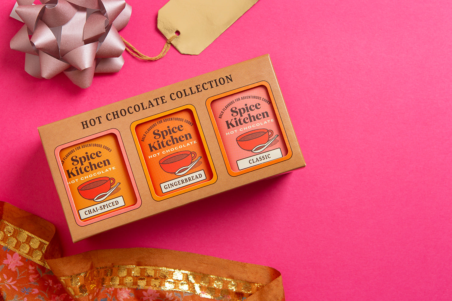 Spice Kitchen Hot Chocolate Collection featuring Classic, Great Taste Award-Winning Chai and Gingerbread flavours – rich, spiced hot chocolate blends perfect for cozy moments