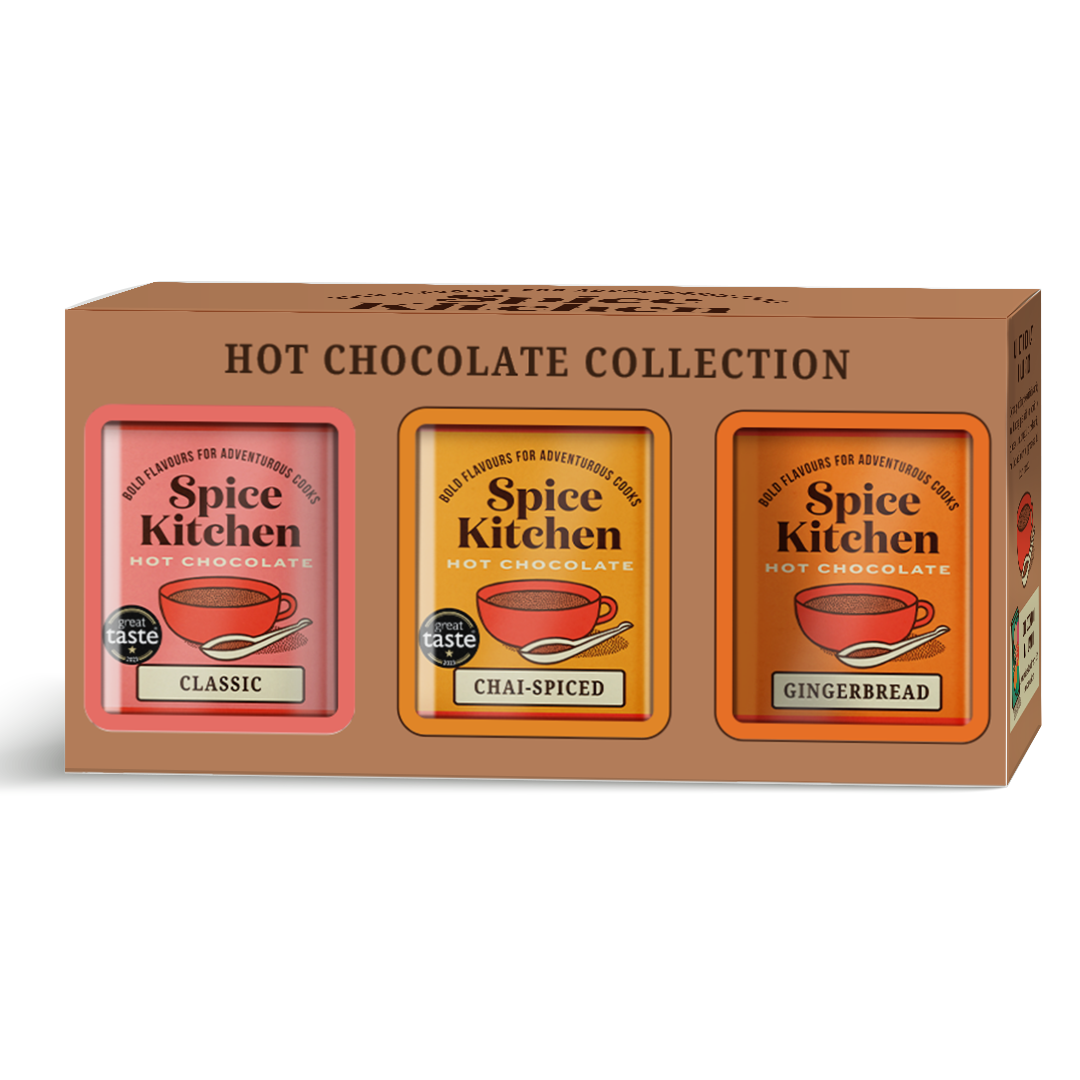 Spice Kitchen Trio of Hot Chocolate: Our award-winning chai, gingerbread and classic hot chocolate. Fairtrade, vegan-friendly, crafted by Spice Experts, Dairy-Free, Gluten-Free, Responsibly Sourced, Gifting, Drinks & Cookware. 
