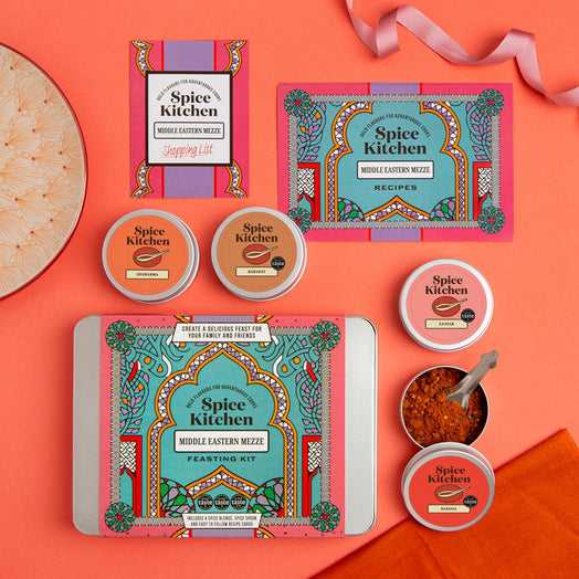 Spice Kitchen Middle Eastern Mezze Feasting Kit elements on an orange background