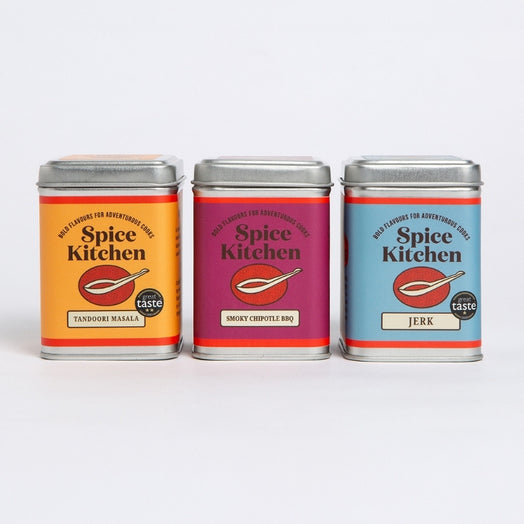 Three Spice Kitchen seasoning tins on a white background: Tandoori Masala, Smoky Chipotle BBQ and Jerk.